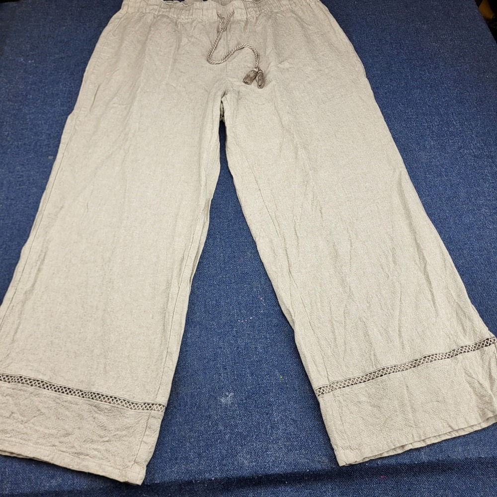 Ella Rafaella Oatmeal Linen Blend Wide Leg Tassel Pants XL Crochet Lace Hem